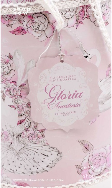 Trusou de botez cu lebede si motive florale personalizat pentru fete, Lebada alba 12